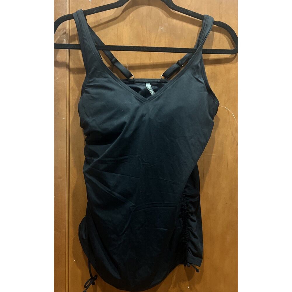 Lands’ End Tankini Top V-Neck Ruched Sides Slimming Black Women’s 6 New